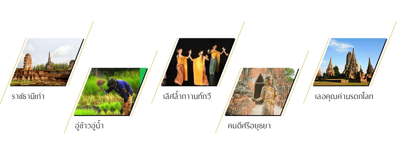 ภาพประกอบองค์ประกอบของคำขวัญจังหวัดพระนครศรีอยุธยา ได้แก่ ราชธานีเก่า อู่ข้าวอู่น้ำ เลิศล้ำกานท์กวี คนดีศรีอยุธยา และมรดกโลก