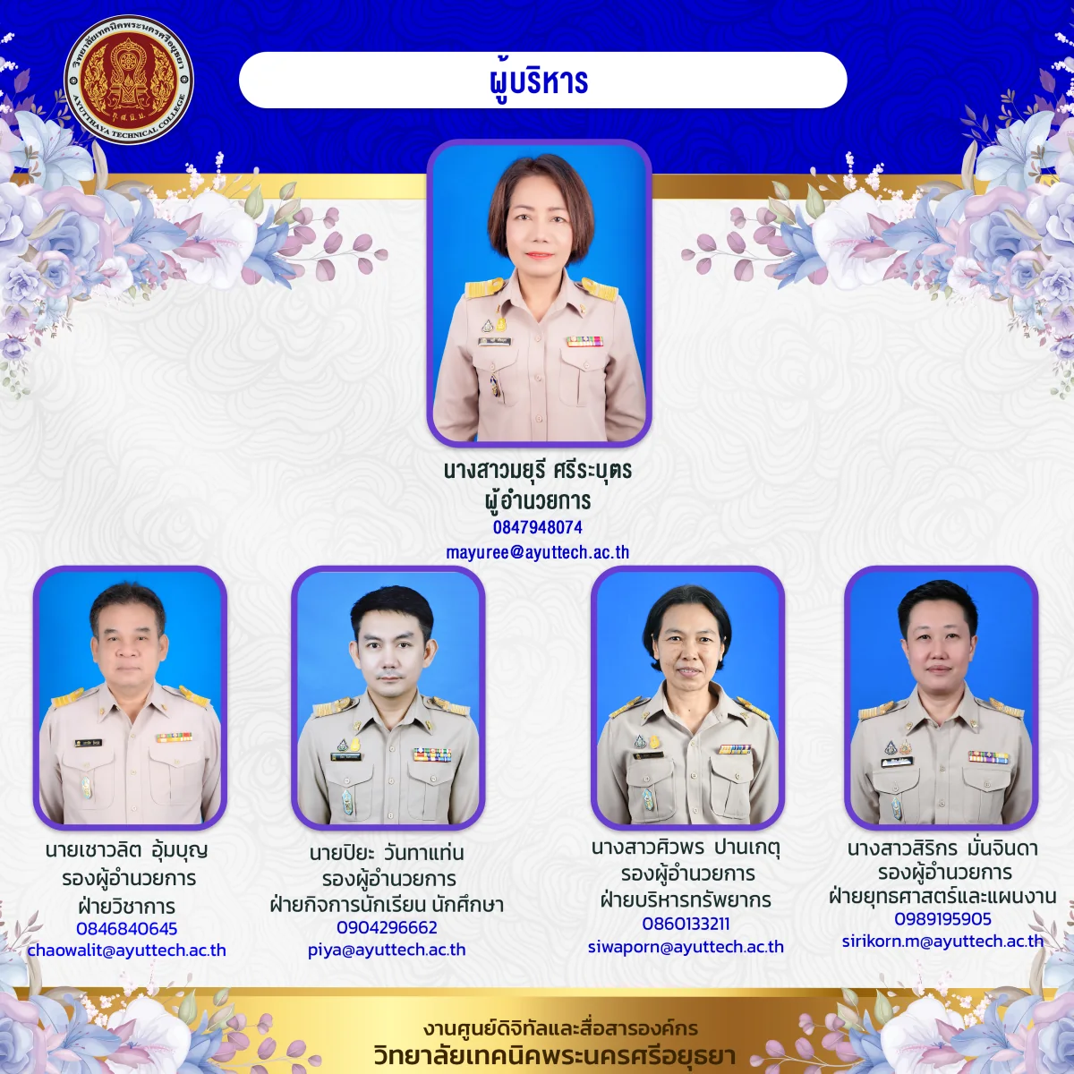 ผังคณะผู้บริหารวิทยาลัยเทคนิคพระนครศรีอยุธยา ประกอบด้วยผู้อำนวยการและรองผู้อำนวยการ 4 ฝ่าย